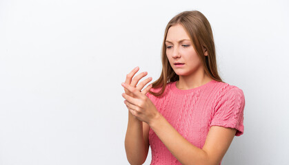 Young Russian woman isolated on white background suffering from pain in hands