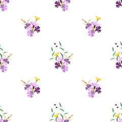Vector seamless floral pattern on a white background small bouquets of lilac primrose flowers