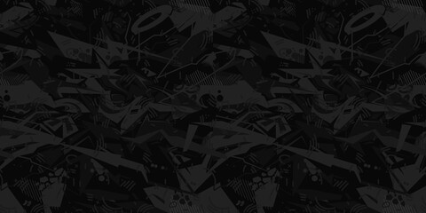 Dark Black Seamless Urban Cyberpunk Abstract Graffiti Style Pattern Vector Illustration Background Art - obrazy, fototapety, plakaty