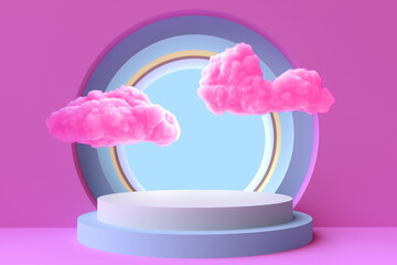 Round pedestal or podium with cloud. Colorful minimal concept design. Abstract modern art illustration for exhibition presentation product. 3d render display showcase. Creative background template.