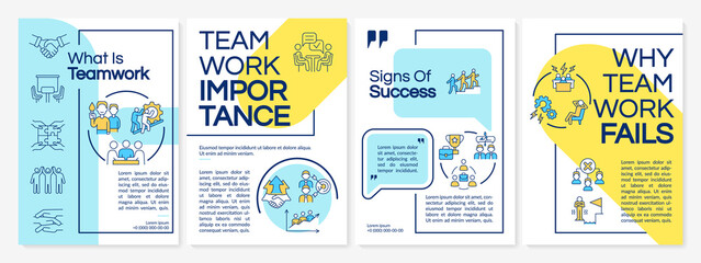Teamwork blue and yellow brochure template. Failure and rise. Booklet print design with linear icons. Vector layouts for presentation, annual reports, ads. Questrial-Regular, Lato-Regular fonts used