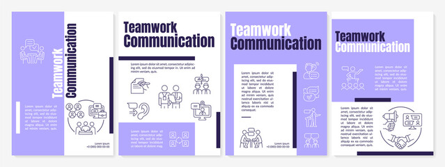 Teamwork communication purple brochure template. Team build. Booklet print design with linear icons. Vector layouts for presentation, annual reports, ads. Anton-Regular, Lato-Regular fonts used