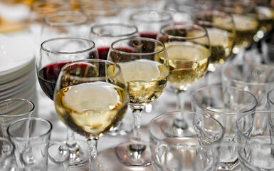 glasses with red and white wine standing on the table