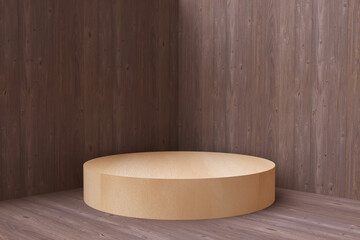 Round wood pedestal or podium in corner. Colorful minimal exhibition concept design. Abstract modern art illustration for presentation product. 3d render display showcase. Architectural background.