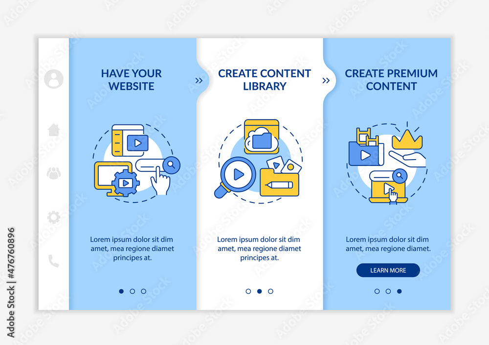 Poster video on demand blue and white onboarding template. pay for content. responsive mobile website with 