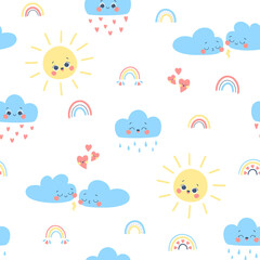 Cute vector seamless pattern with rainbows, clouds, sun, hearts - 476760820