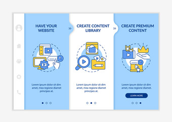 Video on demand blue and white onboarding template. Pay for content. Responsive mobile website with linear concept icons. Web page walkthrough 3 step screens. Lato-Bold, Regular fonts used