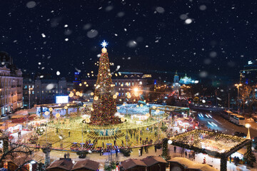 2022 Main Christmas tree of Ukraine lit up in Kyiv Ukraine. Winter evening in the city before the New Year holidays.