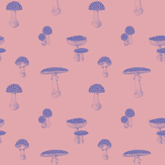 Mushrooms fly agaric hand drawn seamless pattern. Isolated Sketch drawing on a Fuchsia Pink background. For fabric, sketchbook, wallpaper, wrapping paper.