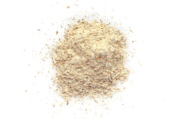 Integral rye flour pile isolated on white background, top view. Rye flour isolated on white...