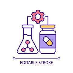 Pharmaceutical manufacturing RGB color icon. Medications development. Advanced science. Drug ingredients. Isolated vector illustration. Simple filled line drawing. Editable stroke. Arial font used