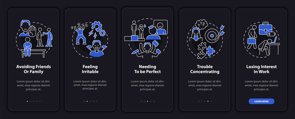 Workplace anxiety night mode onboarding mobile app screen. Stress causes walkthrough 5 steps graphic instructions pages with linear concepts. UI, UX, GUI template. Myriad Pro-Bold, Regular fonts used