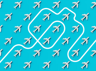 Airplanes on the ground pattern on blue background with a trace between them. Cartoon seamless pattern. Conceptual illustration. Simple pleasant universal purpose. Minimalistic illustration simple.