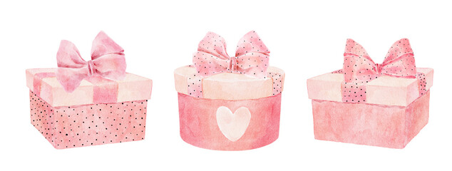 Set of watercolor gift box pink color isolated on white background.