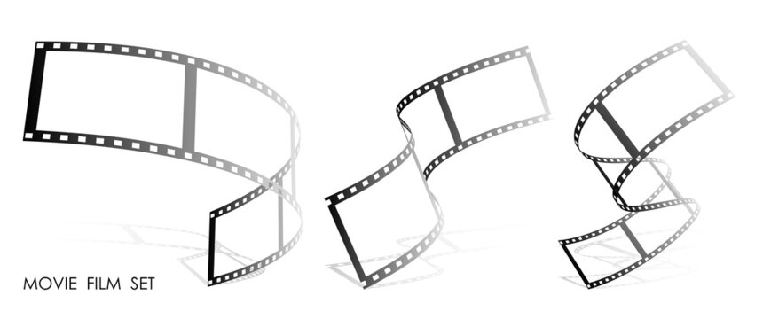 Set of movie film ribbons. Narrow strips of 35 mm tapes. Separation into lower and upper layers. 3d Vector isolated on white background