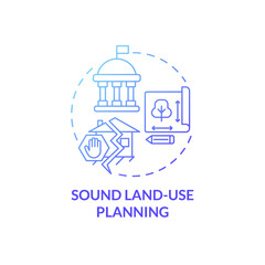 Sound land use planning blue gradient concept icon. Threat to lives. Disaster mitigation abstract idea thin line illustration. Isolated outline drawing. Roboto-Medium, Myriad Pro-Bold fonts used