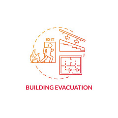 Building evacuation red gradient concept icon. Emergency exit plan for disaster abstract idea thin line illustration. Isolated outline drawing. Roboto-Medium, Myriad Pro-Bold fonts used