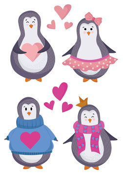  Valentine's day penguins in love in a flat style isolated on a white background. Great for postcards, posters, stickers
