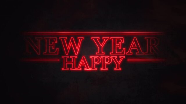 Happy New Year with neon red text in star war style, motion holidays and club style background