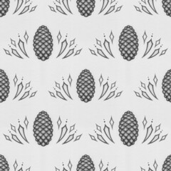 Seamless graphic pattern with plants - a composition of fir cones on a white background, suitable for wrappers, wallpapers, postcards, greeting cards, Christmas invitations.