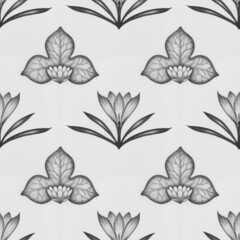 Seamless graphic pattern with plants - a composition of crocus flowers and hepatica leaves on a white background, suitable for wrappers, wallpapers, postcards, greeting cards, invitations.
