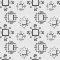 Seamless graphic pattern with plants - a composition of leaves, flowers, cones and mushrooms on a white background, suitable for wrappers, wallpapers, postcards, greeting cards, invitations.