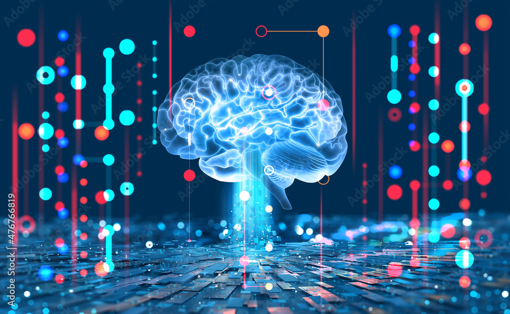 Aufkleber Artificial intelligence, AI, cyber brain. Digital mind 3D illustration. Neural connections and data analysis network structure