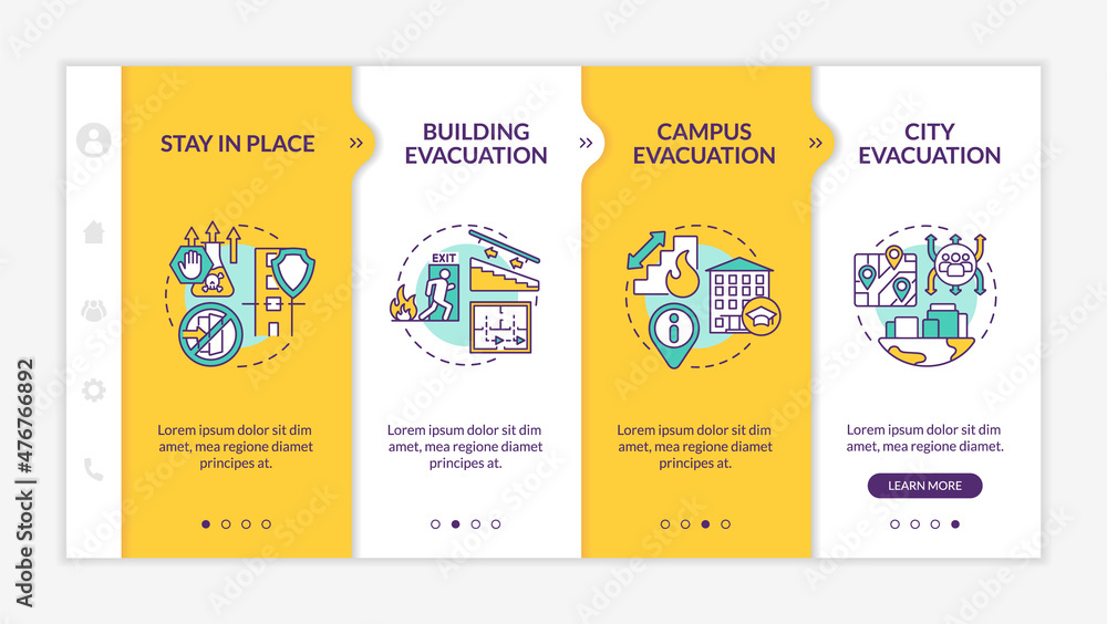 Poster evacuation types yellow onboarding template. building evacuation. responsive mobile website with lin