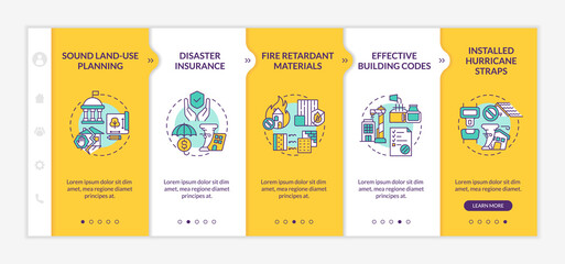 Disaster mitigation involves yellow onboarding template. Insurance service. Responsive mobile website with linear concept icons. Web page walkthrough 5 step screens. Lato-Bold, Regular fonts used