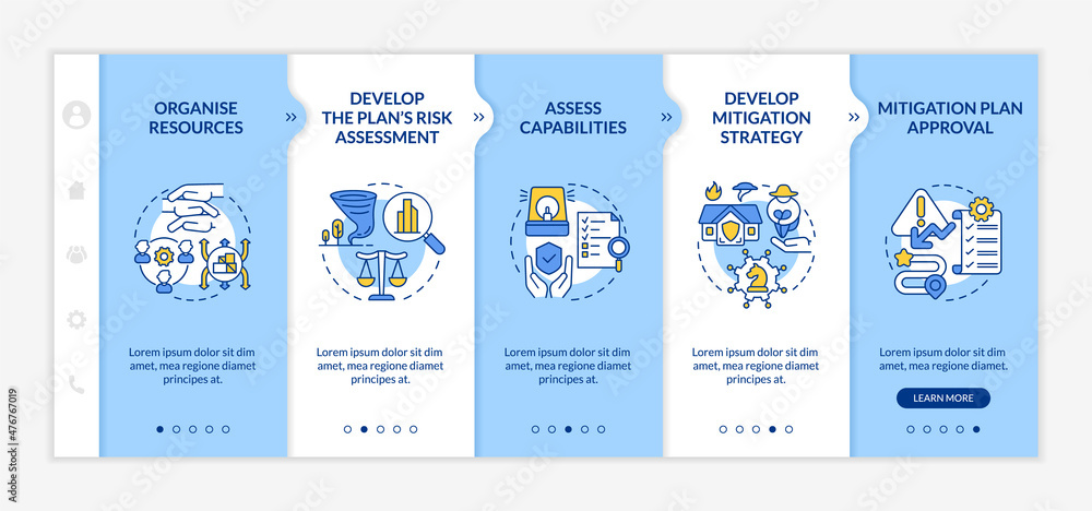 Poster hazard mitigation steps blue and white onboarding template. organise resource. responsive mobile web