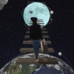 Contemporary artwork. Young woman leaves planet in search of new life, opportunities. Global migration concept