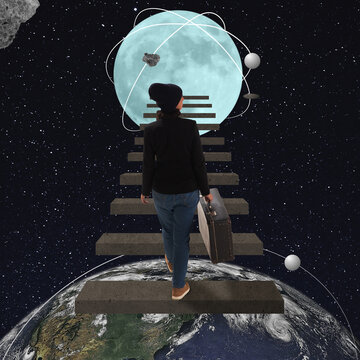 Contemporary Artwork. Young Woman Leaves Planet In Search Of New Life, Opportunities. Global Migration Concept