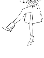 Women's feet in high-heeled shoes. Sandals on bare feet. The girl in the raincoat. Illustration