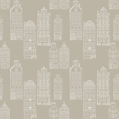 Seamless pattern of gingerbread houses in Amsterdam drawn in a graphic editor on a Plaza Taupe background. For poster, stickers, sketchbook cover, print, your design.