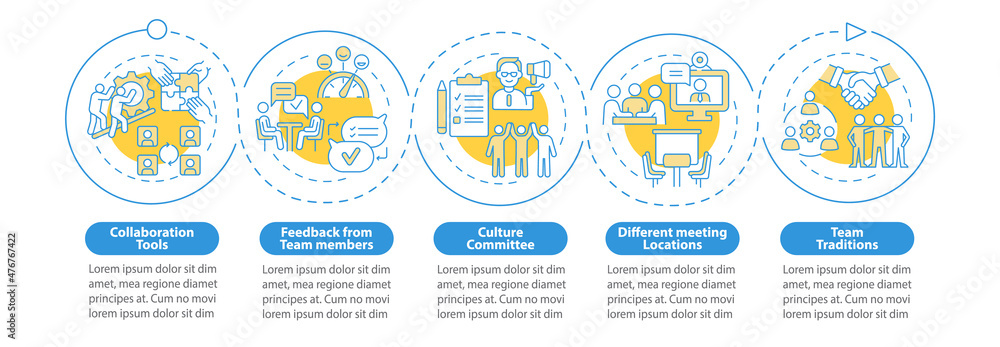 Poster teamwork improving tips blue circle infographic template. work flow. data visualization with 5 steps