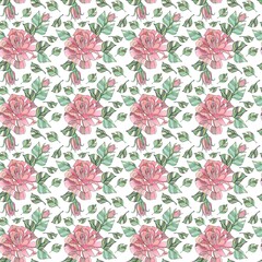 Geometric pattern of flowers, pink roses and green leaves on a white background