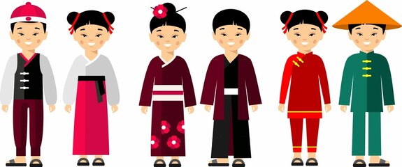 Vector illustration of chinese, japanese children, boy, girl.