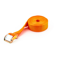 Trailer strop or strap in orange nylon and metal tie isolated over white background. Ratchet straps...