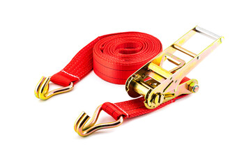 Trailer strop or strap in orange nylon and metal tie isolated over white background. Ratchet straps for cargo load control. Cargo restraint strap - obrazy, fototapety, plakaty
