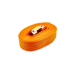 Trailer strop or strap in orange nylon and metal tie isolated over white background. Ratchet straps...