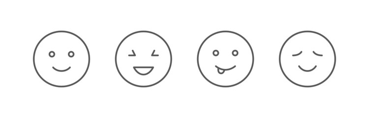 Emoticon line icons. Four vector simple smiling faces. Emoji symbols. Editable stroke.