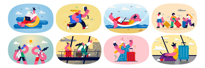 Set of excited travelers ready for summer holidays 