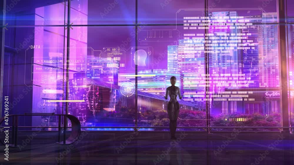 Poster the plot of the future with android and data, 3d render.
