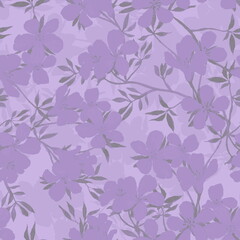 Hand painted botanical seamless pattern. Delicate floral ornament with blossom cherry branches and flowers of violet, purple, very peri colors. For textile, wallpaper and interior surface design.