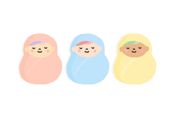 おくるみに包まれてすやすや眠る3人の赤ちゃん - 多様性イメージ素材 - ピンク・水色・黄色（影付き）