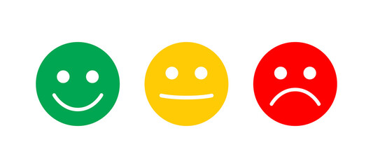 Three different feedback with emoticons icons on white. Simple vector emoji. Editable stroke.