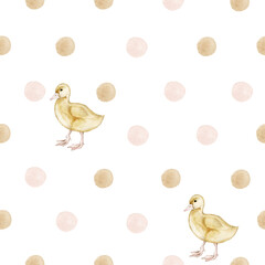 Watercolor seamless cute pattern polka dots and chicken. Isolated on white background. Hand drawn clipart. Perfect for card, fabric, tags, invitation, printing, wrapping.