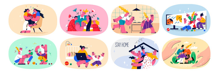 Set of family with kids stay at home on lockdown 