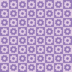 checkers seamless pattern with geometric flowers. Simple and trendy flat vector illustration in retro style. Colorful background, checkerboard, 60s, 70s, hippie aesthetic