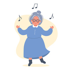 Cute old lady dancing. Funny granny in glasses. Elderly gray-haired woman in blue dress listens to music. Dances for seniors. Vector flat illustration isolated on white background.